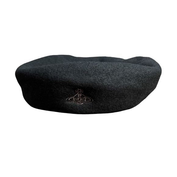 Vivienne Westwood Accessories - Vivienne Westwood Japan Black Embroidered Orb Logo Wool Beret Hat Cap Womens S-M